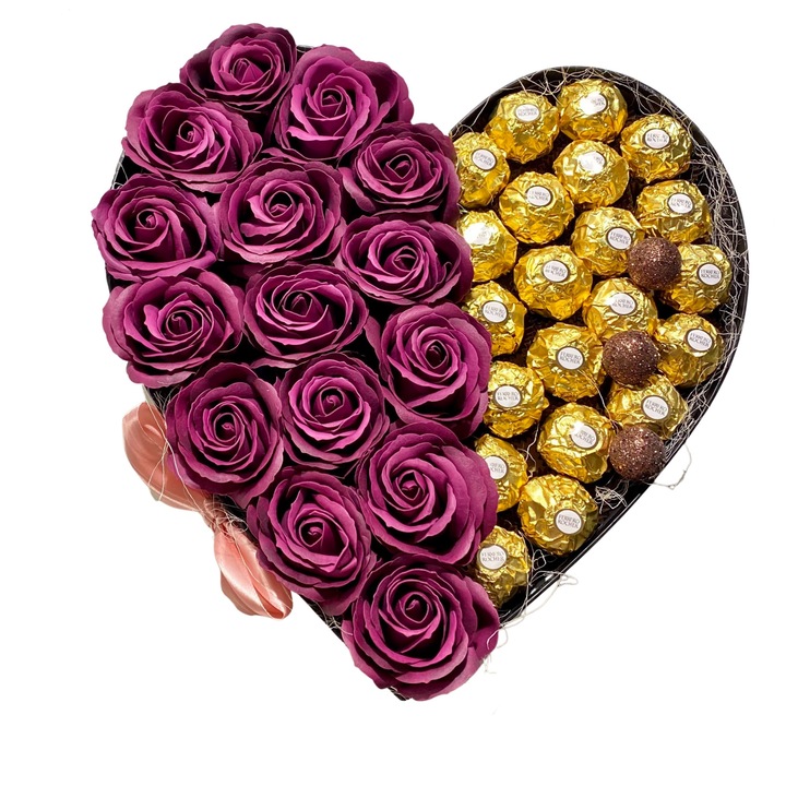 Cutie Cadou, Chocobox, Lady Box, cu 21 Praline Ferrero Rocher si 15 Trandafiri