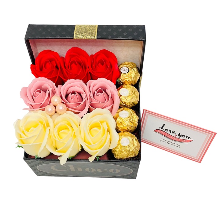 Cutie Cadou Chocobox, include 4 Praline Ferrero Rocher si 9 Trandafiri