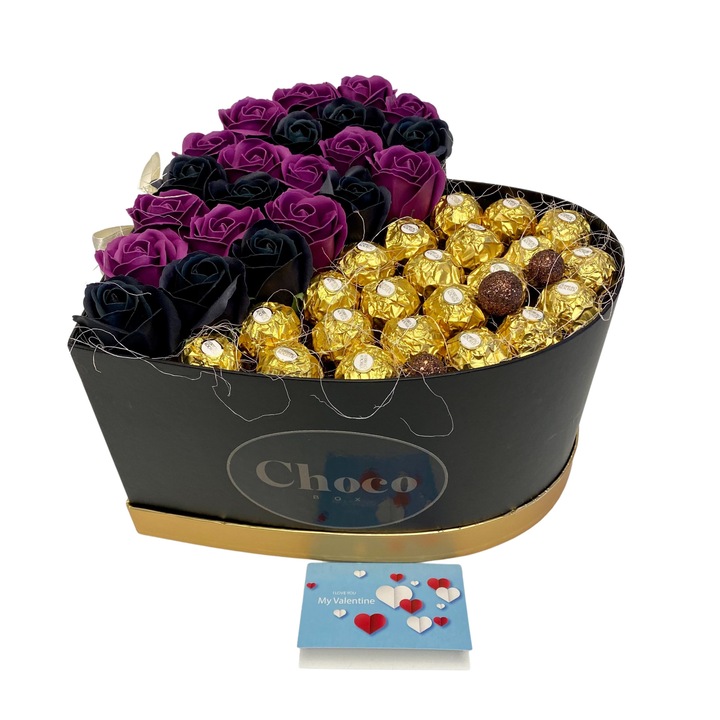 Cutie Cadou, Chocobox, Lady Box II, cu 21 Praline Ferrero Rocher si 15 Trandafiri