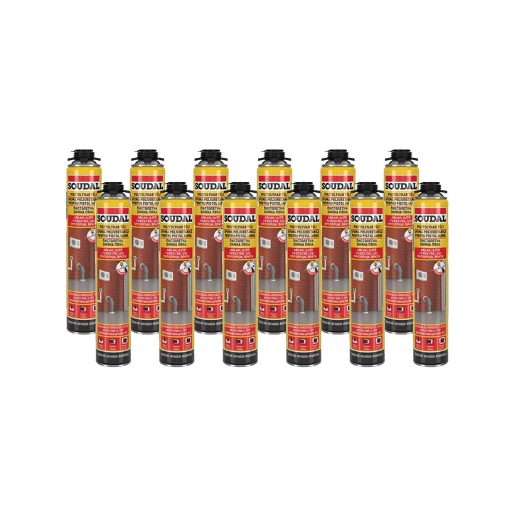 Set 12 - Spuma poliuretanica pentru pistol, montaj ferestre si usi, iarna, Soudal, 750 ml