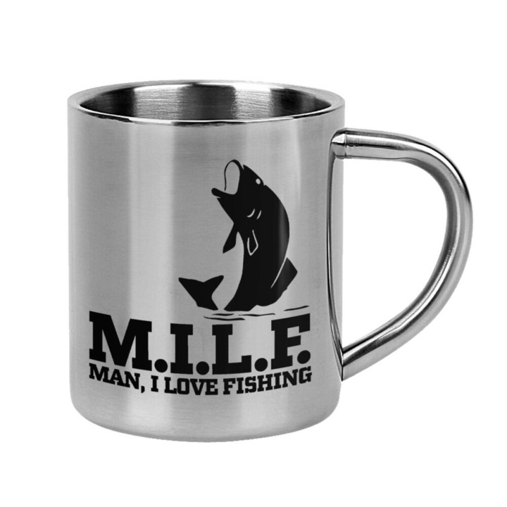 Cana Man I love fishing, Inox, 300 ml, Gri/Negru