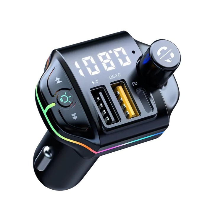 Car kit cu lumini ambientale, modulator FM, Mp3 Player, 1 x Type C PD 20W, fast charge QC3.0, BGRJ-A10