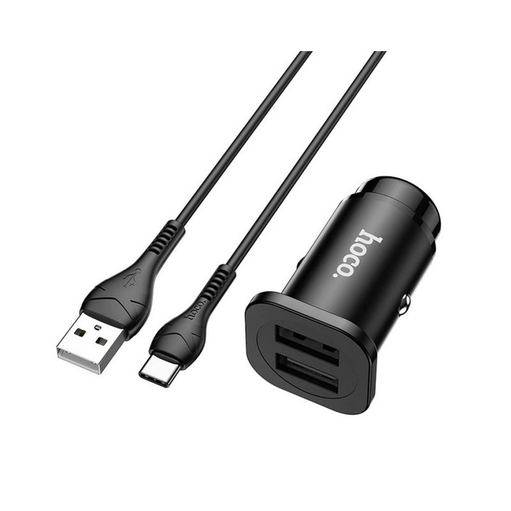 Incarcator Auto Hoco 2 X Usb 8a, 24w, Cu Cablu Usb-c, Negru - Nz4