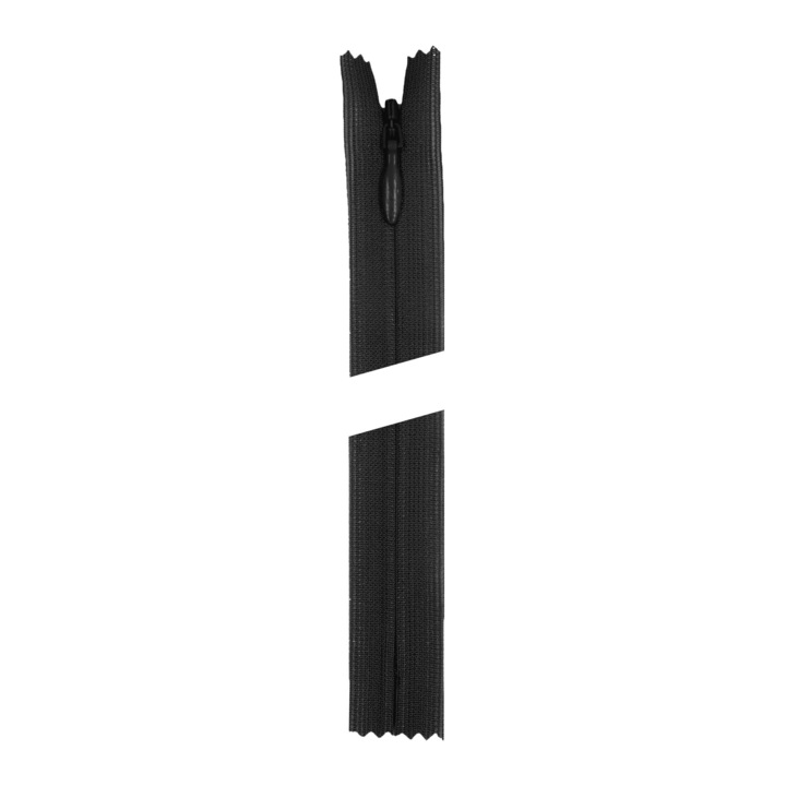 YKK rejtett cipzár, nem levehető, PES szalag, műanyag tekercs, önzáró csúszka, hossza 20 cm, fekete
