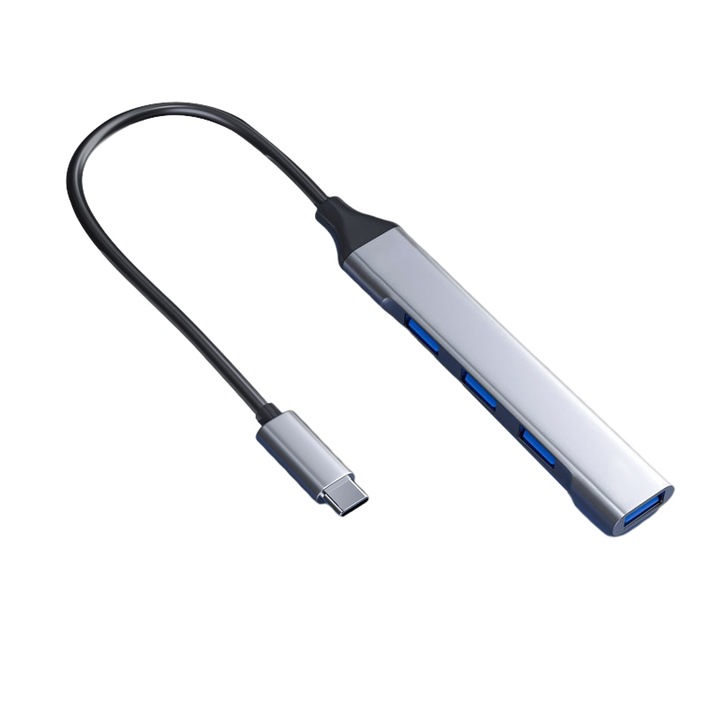 Hub USB, Veggieg, Aluminiu, 1x USB 3.0, 3x USB 2.0, Type-C, 20 cm, Argintiu