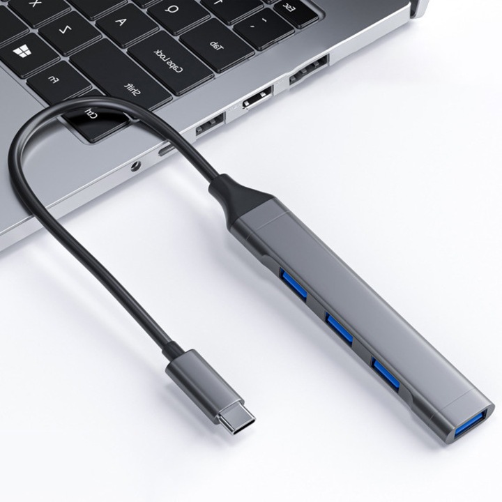 Hub USB, Veggieg, Aluminiu, 1x USB 3.0, 3xUSB 2.0, Type-C, 20 cm, Gri