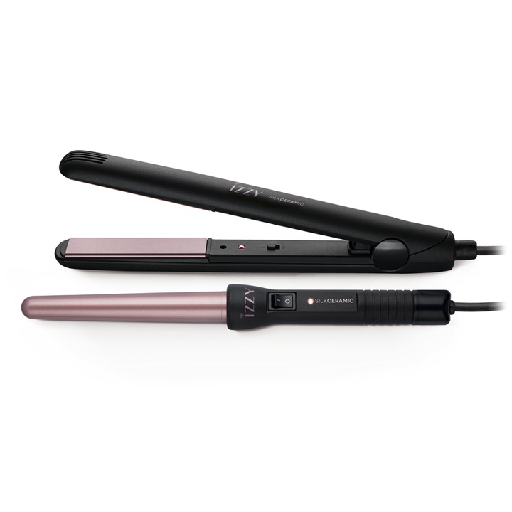 Set 2 in 1 Placa de indreptat parul Izzy Silk Ceramic & Ondulator, 220 Grade, Negru/Roz