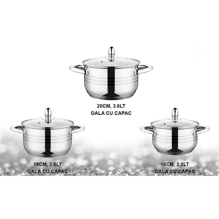 Set 6 piese Grunberg, 3 vase din inox, compatibile cu plita cu inductie, cu capace din sticla, GR1061