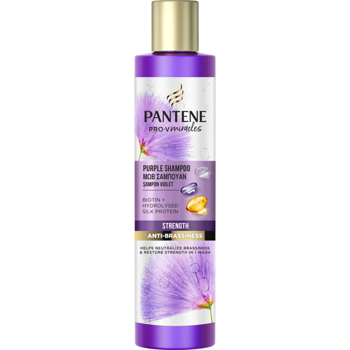 Sampon Pantene Pro-V Miracles Strength & Anti-Brassiness Purple, neutralizeaza tonurile de galben, 225 ml