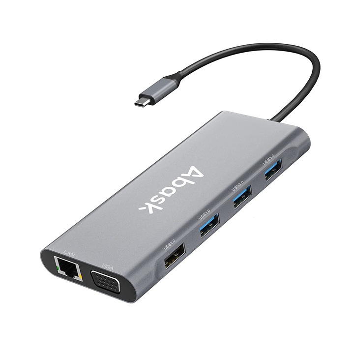 Hub adaptor USB C 11 in 1 Abask, cu 2 HDMI 4K, VGA, RJ45, 4 porturi USB, SD/micro SD, putere incarcare 100W