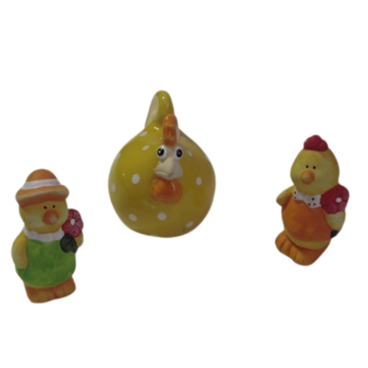 Set obiecte decorative, Gainusa cu 2 puisori, Paste, Ceramica, 7x6x7 cm si 3x3x7 cm, Galben aprins, Verde deschis, 3 bucati