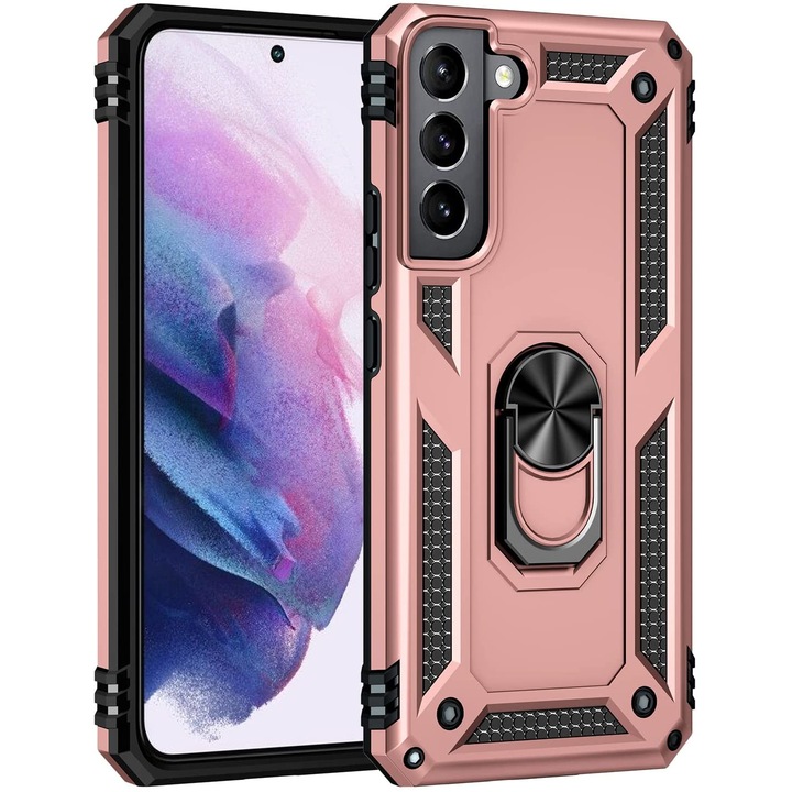Husa antisoc Hybrid armor cu inel si placuta metalica, compatibila cu Samsung Galaxy S22 Plus 5G / S22+ 5G / Roz