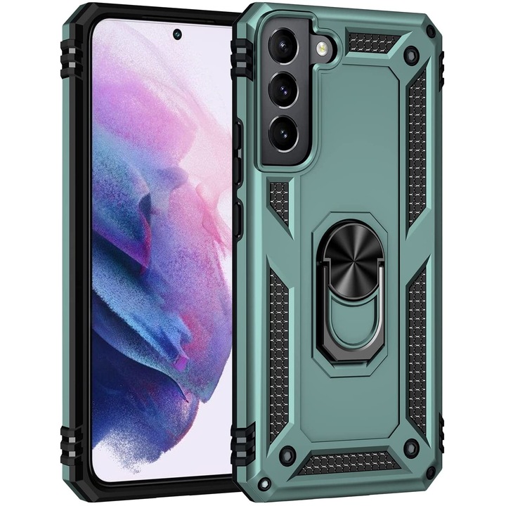 Husa antisoc Hybrid armor cu inel si placuta metalica, compatibila cu Samsung Galaxy S22 Plus 5G / S22+ 5G / Verde