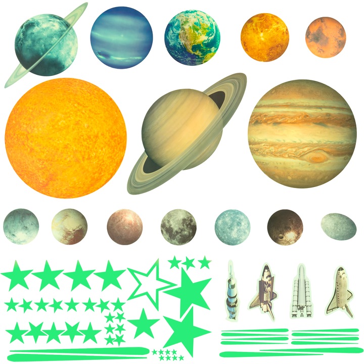Set 303 stickere decorative fosforescente cu planete, glow planets cu 15 planete, 24 stele cazatoare, 4 rachete si 260 stele cu dimensiuni intre 2cm si 13cm