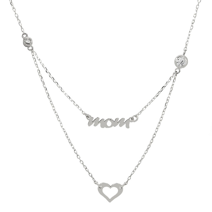 Lantisor Argint Personalizat cu Text MOM, Inima si Cristale