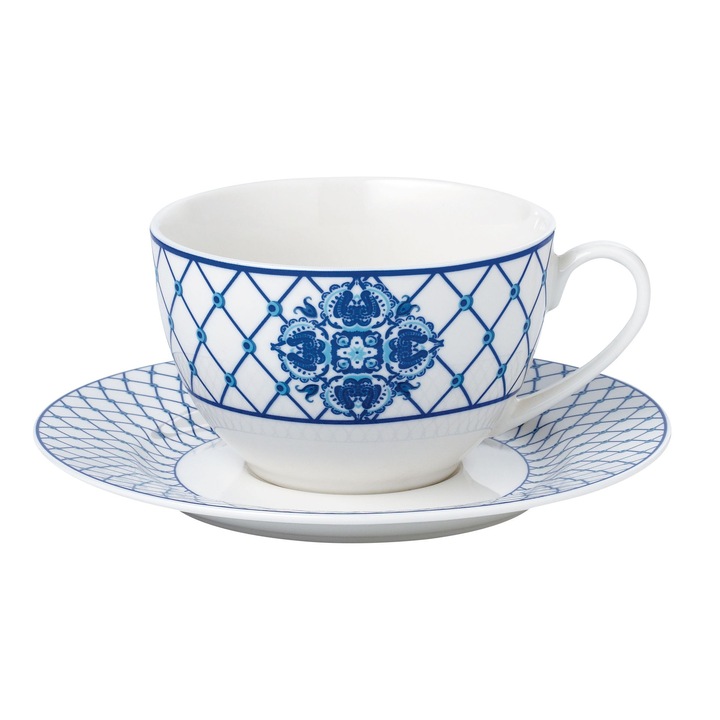DacEnergy tea/kávé készlet, porcelánból, 6 csésze és 6 csészealj, elegáns modell, fehér és kék, űrtartalom 220 ml, 12 darab