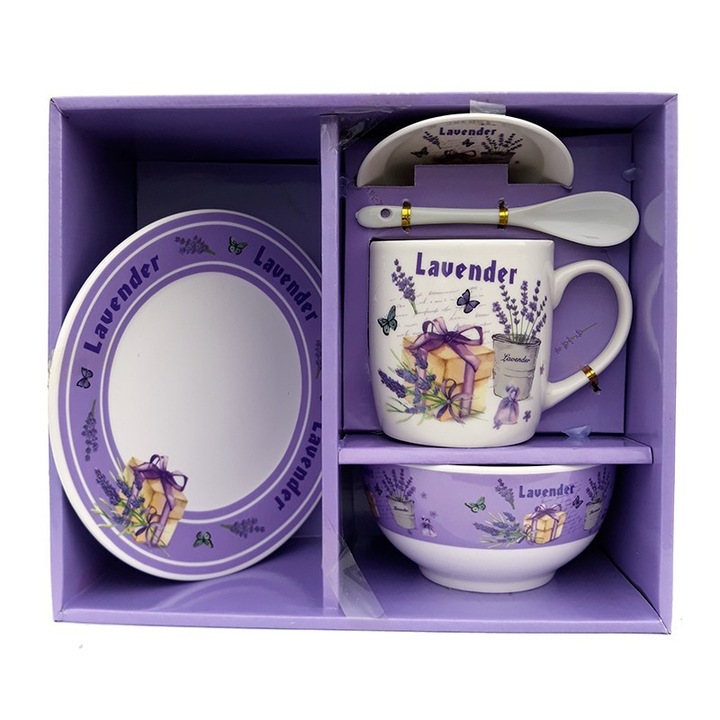 Set 5 piese din ceramica, format din cana cu capac, bol, farfurie si lingurita, 200ml, M4