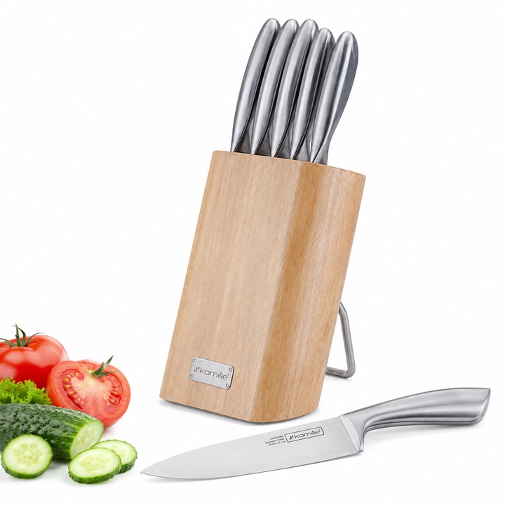 Set Cutite de Bucatarie, Cutite inox cu suport din bambus bej, Kamille KM-5133