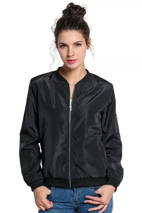 Дамско преходно яке JUP, Бомбер, С джоб на ръкава, Черен