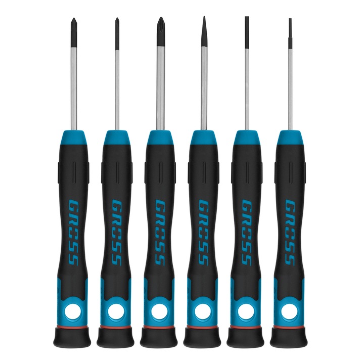 Комплект отвертки GROSS, За фина механика, 6 бр., 150 mm, Двукомпонентни дръжки, Пластмасова кутия