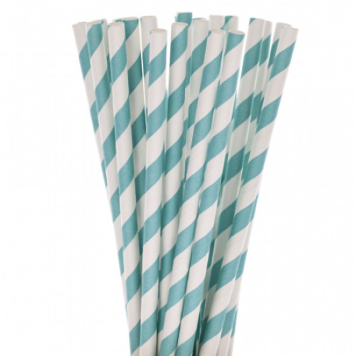 Set 25 Paie Biodegradabile Din Hartie, Turcoaz Cu Dungi Albe
