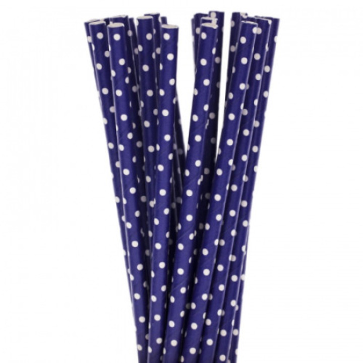 Set 25 Paie Biodegradabile Din Hartie, Albastru Cu Buline Mici Albe