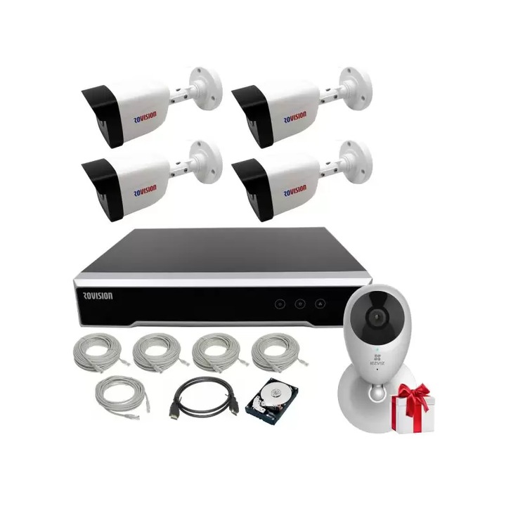 Komplett felügyeleti rendszer 4 IP kamerával POE 2MP FULL HD IR 30m, NVR 4 csatornás POE, HDD 1TB WD Ready telepítve, tartozékok, Plug and play + Wifi kamera 1MP IR 7,5 m-es kétirányú hangkártya foglalat
