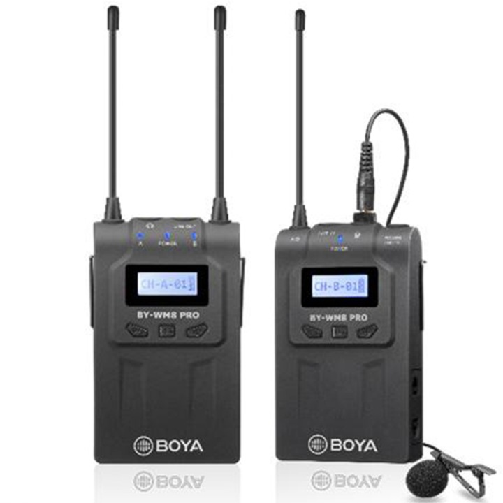 Безжична система микрофон с предавател BOYA BY-WM8 Pro-K1, Двуканален приемник, 48 UHF канала, До 100 м обхват, Черна, BOYA-BY-WM8-PRO-K1