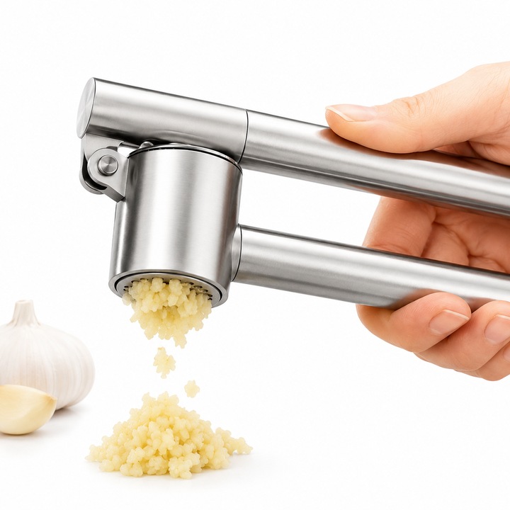 Presa de Usturoi Manuala Sferique Gama Lux 16cm, Zdrobitor de Usturoi cu Recipient Detasabil pentru Spalare Usoara, Presa Usturoi din Zinc Cromat, Accesoriu Bucatarie, Garlic Press, Ergonomic, Rezistent, Profesional