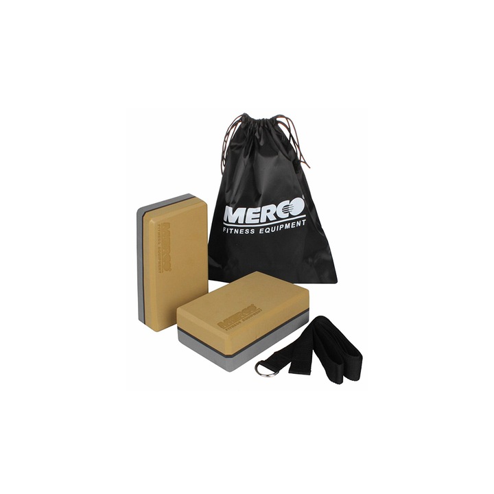 Merco Yoga Max jóga szett, 2 db 22,5 x 15 x 7,5 cm-es tégla, szíj és hordtáska, szürke-barna