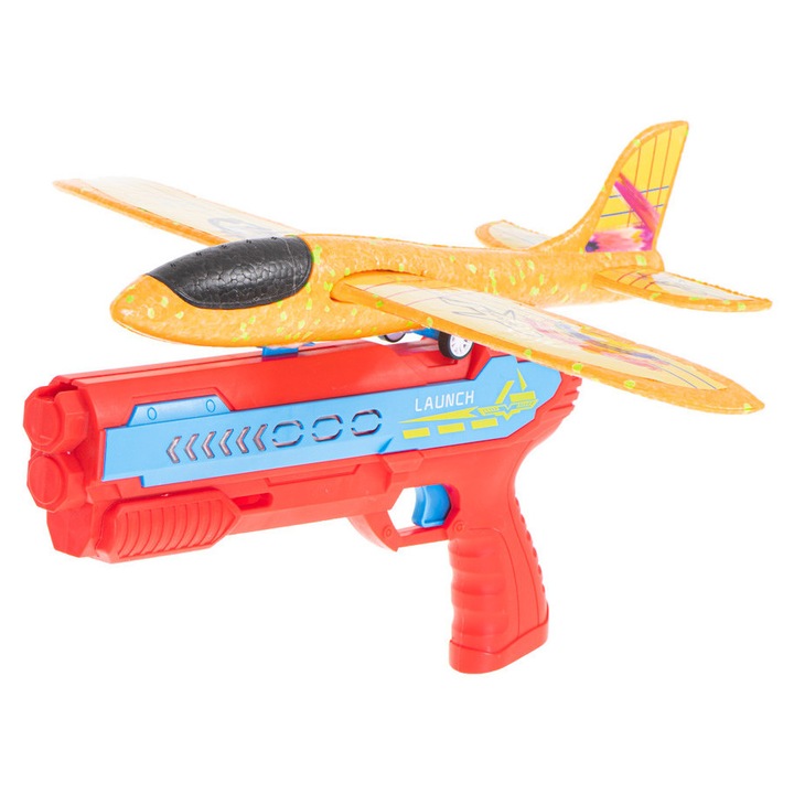 Avion cu lansator, Zola, cu autocolante incluse, din plastic/spuma, culoare rosu/portocaliu