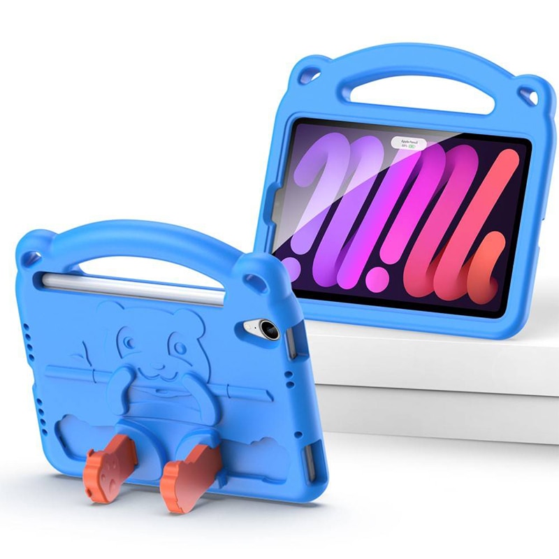 Husa tableta copii pentru iPad Mini 6, 2021, Kid Safe AntiShock, Stand, Happy Colorful, Silicon Spuma, Albastru