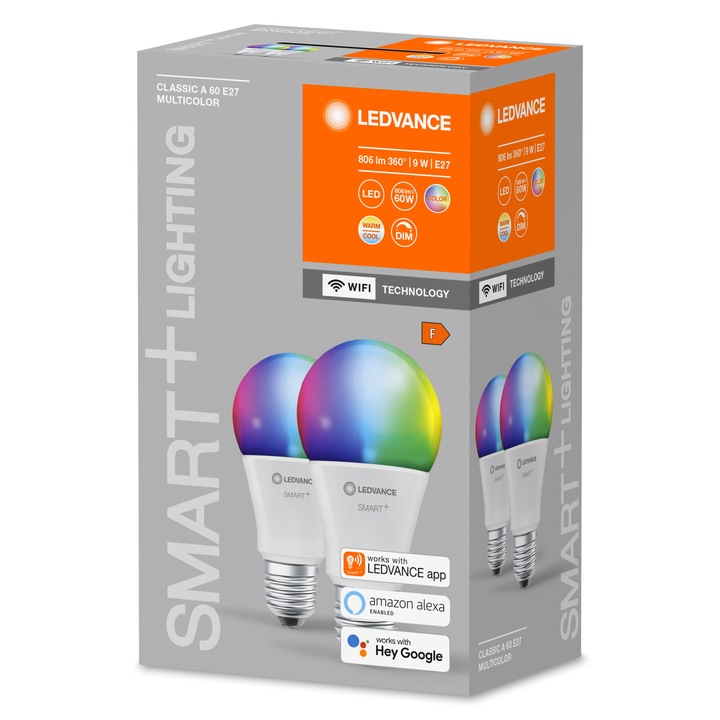 Комплект 2 смарт LED крушки RGBW Ledvance smart 9W, E27, 806 lm, димируеми, бяла и цветна светлина