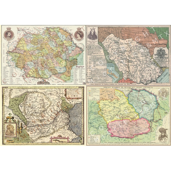 Pachet ”Iubesc Romania”, 6 harti rare de colectie in mapa vintage handmade personalizata, format A3