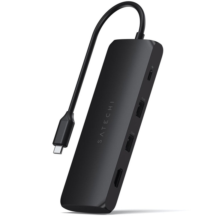Хъб USB-C Satechi, Хибриден, Алуминиев, Отделение зз SSD, HDMI 4K, 2 x USB-A 3.1 Gen 2 до 10 Gbps, Черен