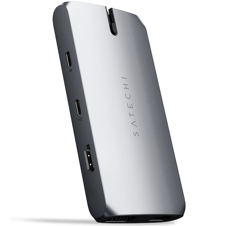 Адаптер Multiport Satechi On the go 1xUSB-C PD charging, 1xG.Ethernet, 1x4K HDMI, 1xVGA, 1xUSB-A, 1xUSB-C, Micro/SD, Космическо сиво