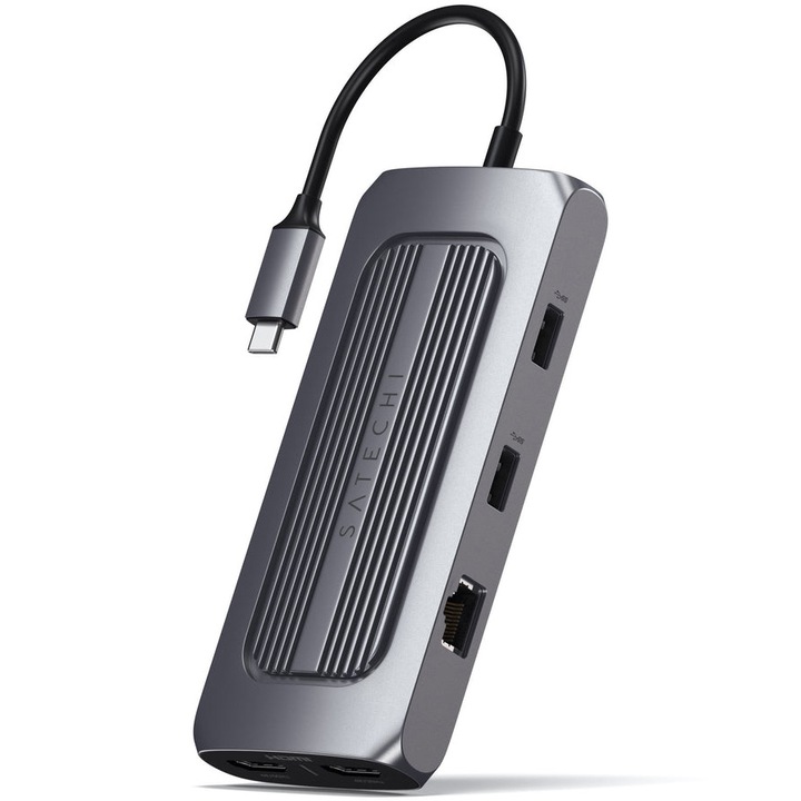Адаптер USB-C Multiport Satechi MX Dual 4K HDMI 60Hz/30Hz, USB-C PD 100W, Ethernet, 1xUSB-C 5Gbps, 2xUSB-A 3.0, Micro/SD, Аудио 3.5 мм, Космическо сиво