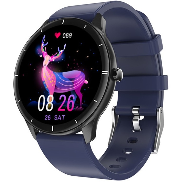 Ceas Smartwatch MoreFIT™ RQ21, Notificari Apeluri/Sms/Social Media, Monitorizare Activitati Fizice/Somn/Temperatura corp, Monitorizare Ritm Cardiac si Tensiune Arteriala, Saturatie Oxigen, Albastru
