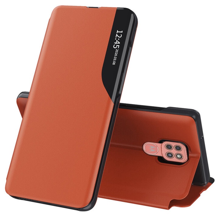Капак за Motorola Moto E7 Plus/Moto G9 Play, Екологична кожа, Оранжев