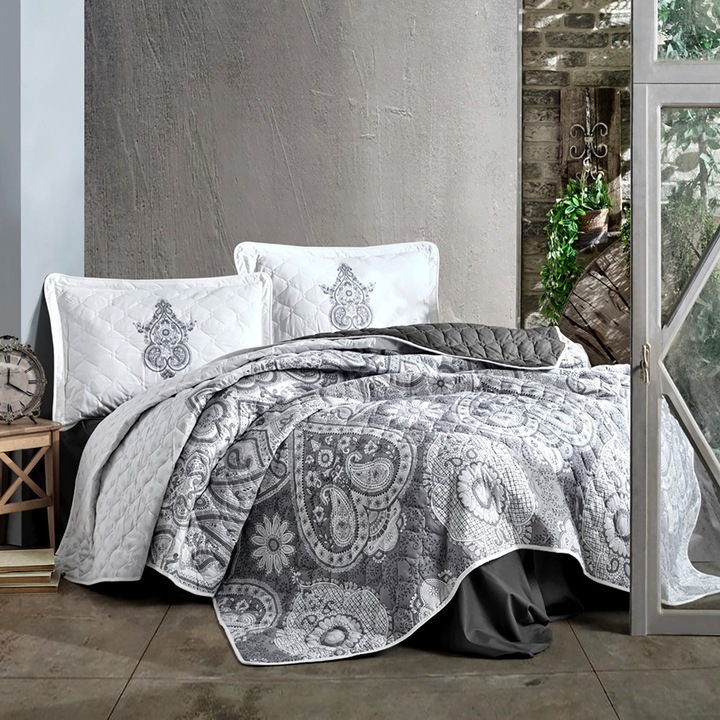 Set Cuvertura de pat din bumbac, matlasata, pentru pat dublu, 240x260cm si 2 fete de perna 50x70cm, Pucioasa, COM-CUV104