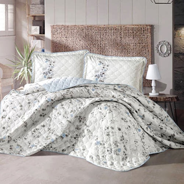 Set Cuvertura de pat bumbac 100% matlasata 240x260 si 2 fete de perna 50x70 pentru pat dublu, Pucioasa, CUV106