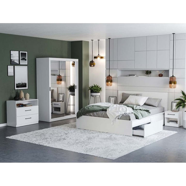 Dormitor Nordis, c/03, Pat netapitat, 160x200, Dulap 138cm cu Oglinda, Comoda, Noptiere, Culoare Alb