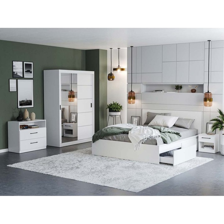 Dormitor Nordis, c/02, Pat netapitat, 160x200, Dulap 138cm cu Oglinda, Comoda, Noptiere, Culoare Alb