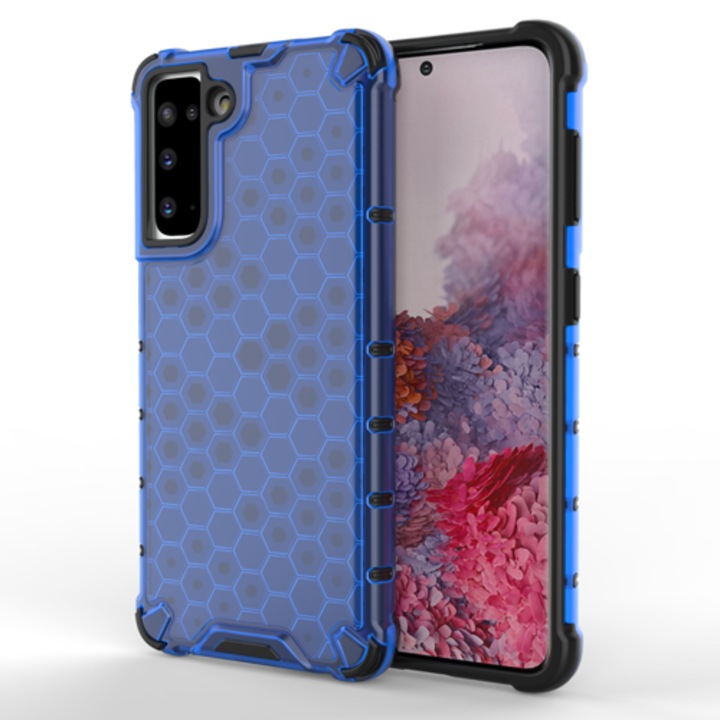 Vékony ütésálló tok Samsung S21 Plus kompatibilis, Honeycomb Design, Blue, TELGORBCS