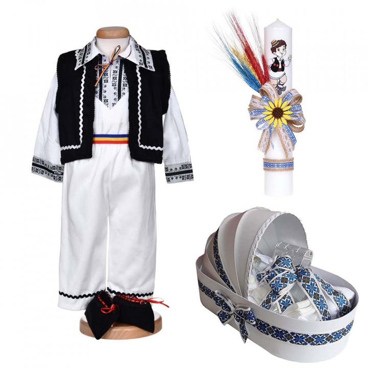 Set botez popular baiat, trusou botez landou, lumanare si costum national, 6 - 9 luni, Denikos C9291