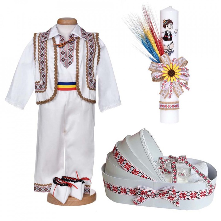 Set botez traditional baiat, trusou botez landou, lumanare si costum national, 3 - 6 luni, Denikos C9290