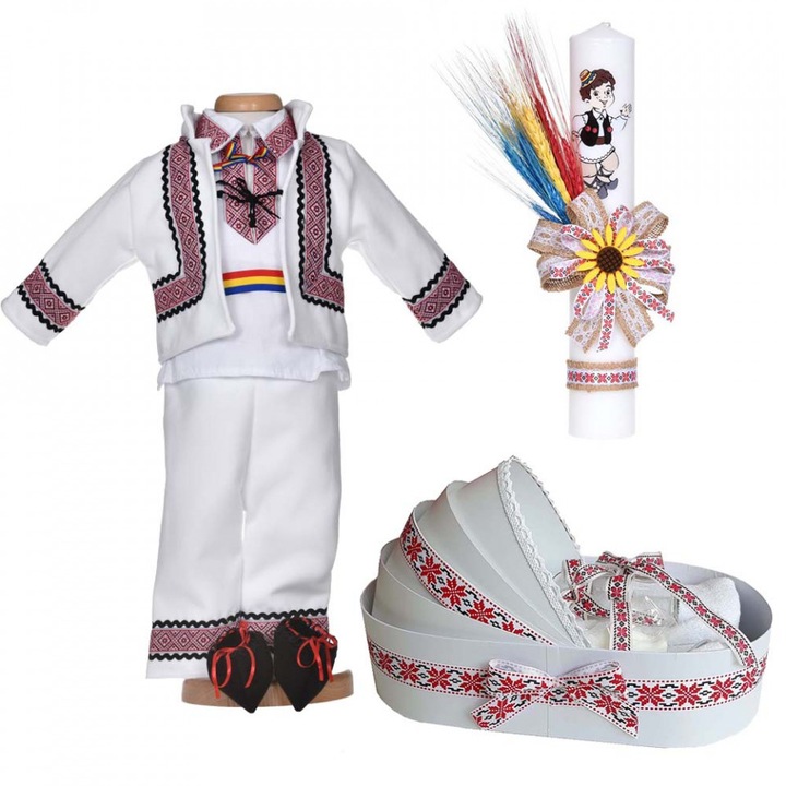 Set botez popular baietel, trusou botez landou, lumanare si costum national, 6 - 9 luni, Denikos C9271