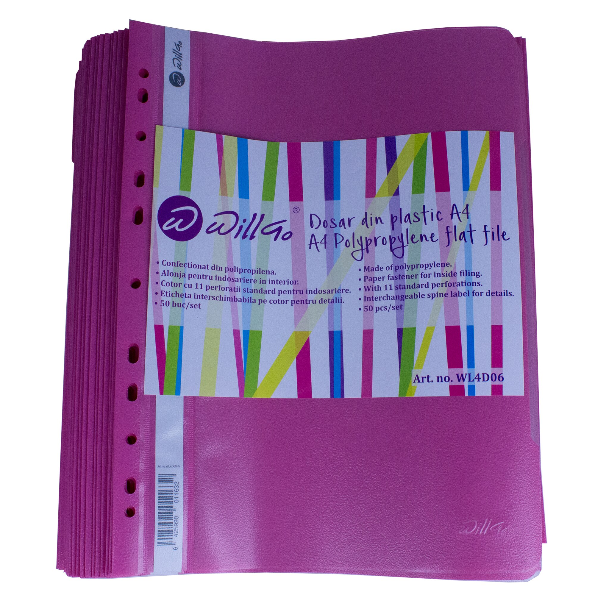 Dosar din plastic Willgo cu sina si 11 perforatii , 50 buc/set, Roz