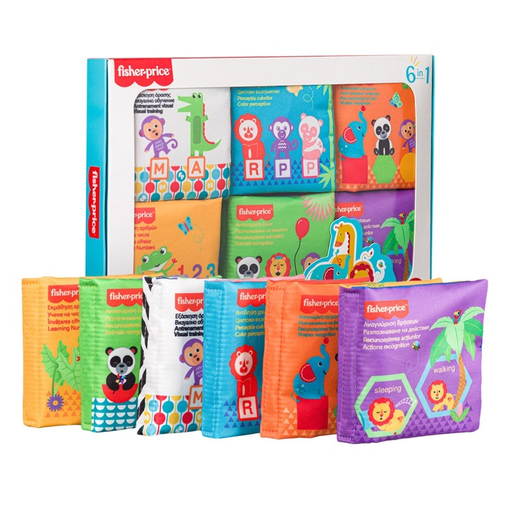 Set Carti Textile, Fisher Price, 6 Bucati, Dezvoltare Vizuala, Recunoastere Forme, Multicolor