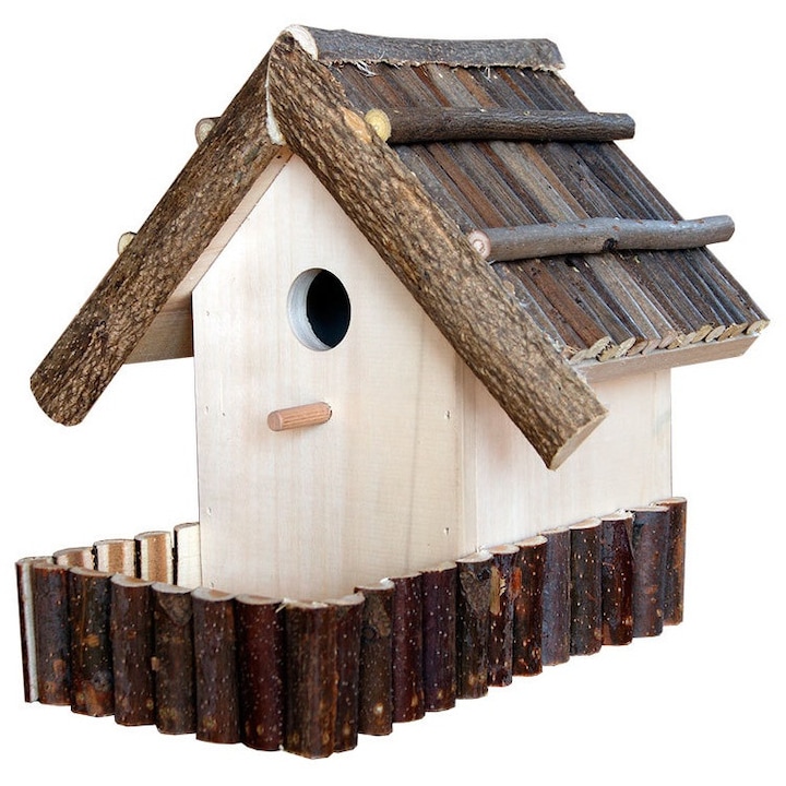 Къщичка за птици с ограда, Естествено дърво, 27x26x27 cm